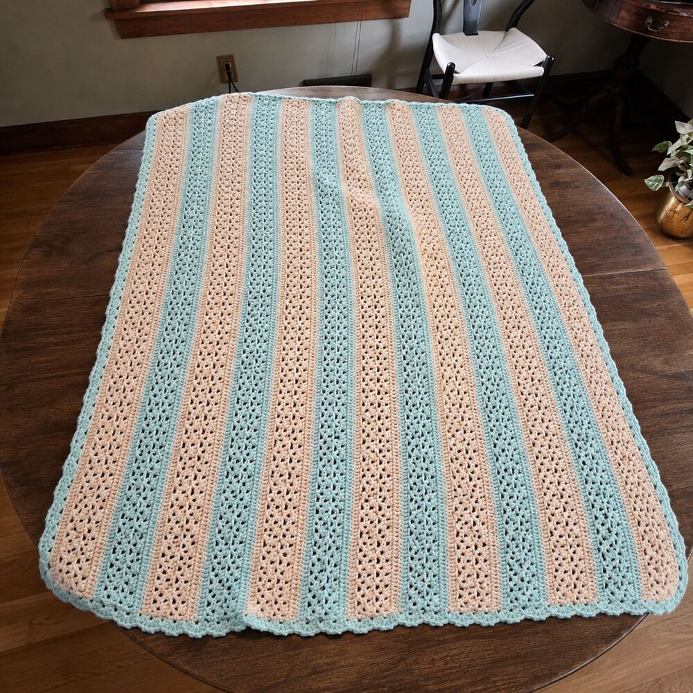 Handmade Crochet Throw Blanket Seafoam Green Orange 38" x 74"